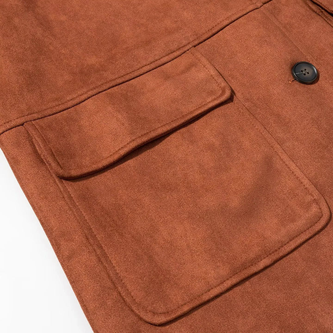 Damen nan eleganter Veloursmantel mit Hemdkragen aufgesetzten Pattentaschen und geradem Schnitt Drune