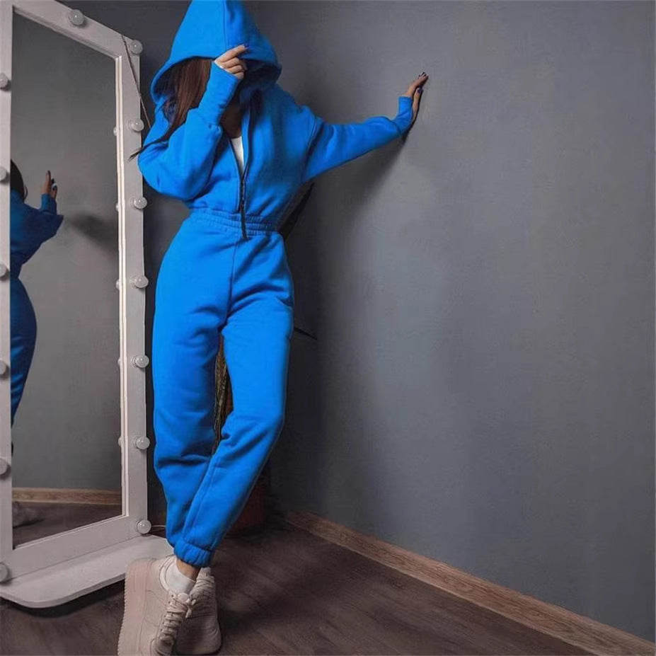 Damen Taillierter Kapuzen-Sweat-Jumpsuit mit Reißverschluss und elastischem Taillenbund Drune