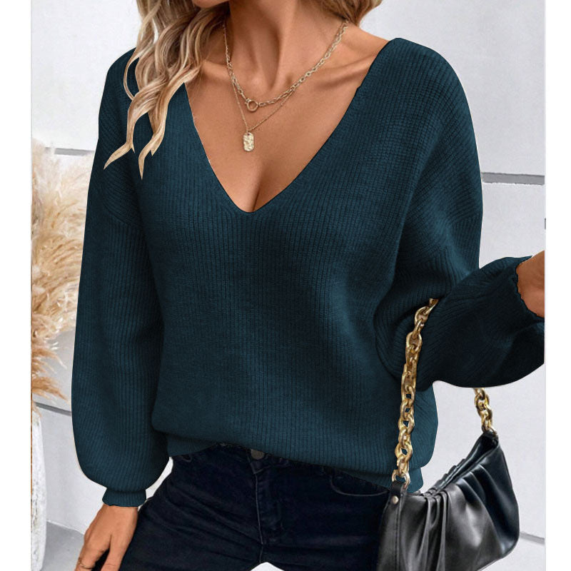 Damen Strickpullover mit tiefem V-Ausschnitt und dekorativem Schleifen-Detail Drune