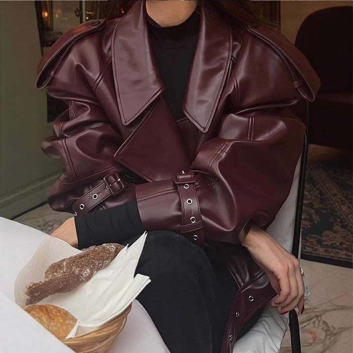 Damen Kunstlederjacke im Oversized-Design mit Riemen und neuen Details Drune