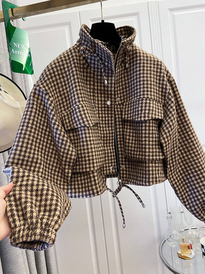 Damen Karo-Cropped-Jacke mit Stehkragen, Tunnelzug und elastischen Bündchen Drune