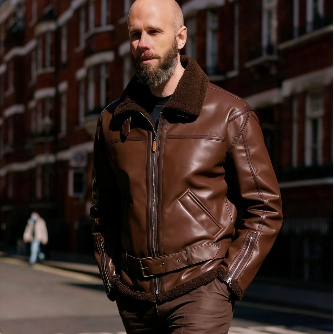 Herren Kunstleder-Fliegerjacke mit Teddyfutter, Reißverschlüssen und Stehkragen Drune