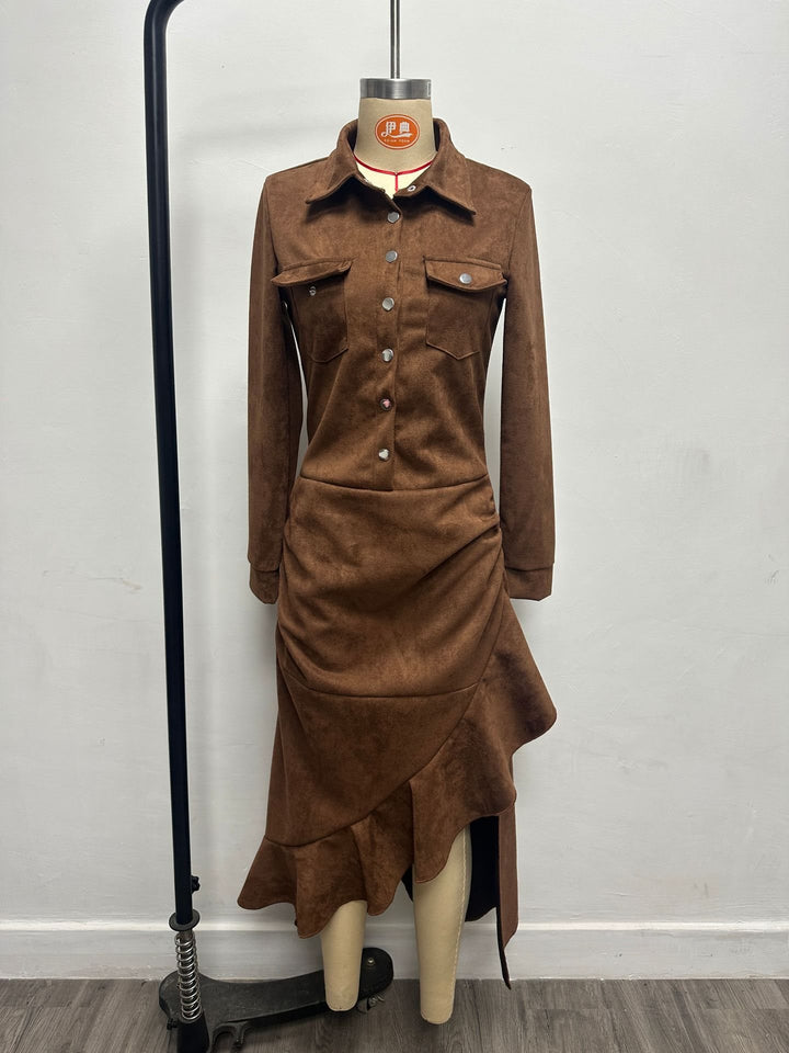 Damen Langes Hemdkleid im Wildleder‑Look mit Raffung, asymmetrischem Volant‑Saum und hohem Beinschlitz Drune