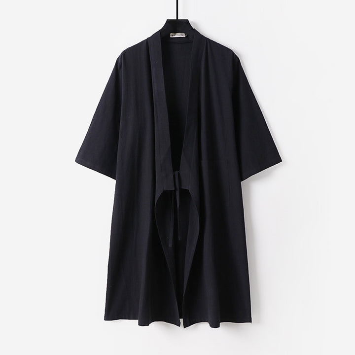 Unisex Oversize Kimono-Mantel aus Baumwollmischung mit Bindeband und Dreiviertelärmeln Drune