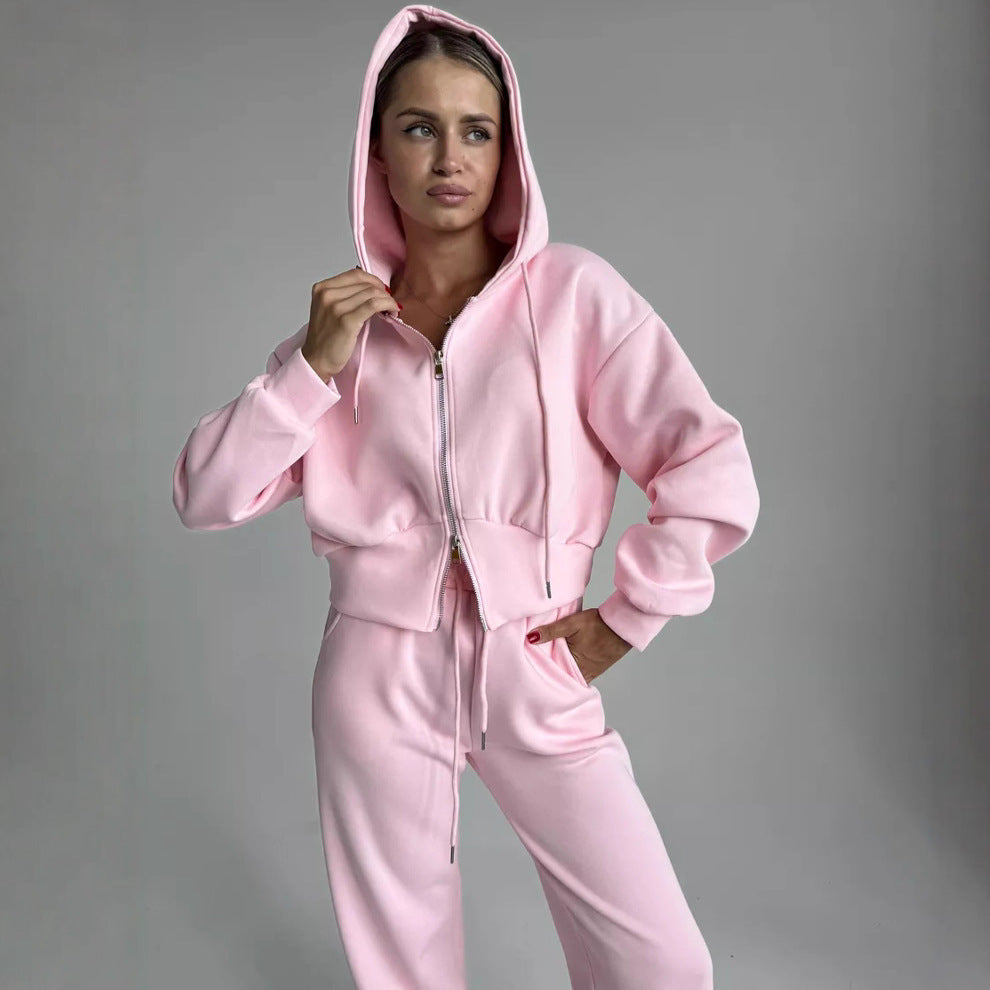 Damen gekürzte Zip-Kapuzenjacke mit formender Taillennaht und relaxed High-Waist Loungehose Drune