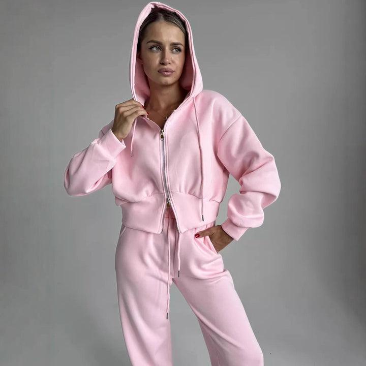 Damen gekürzte Zip-Kapuzenjacke mit formender Taillennaht und relaxed High-Waist Loungehose Drune
