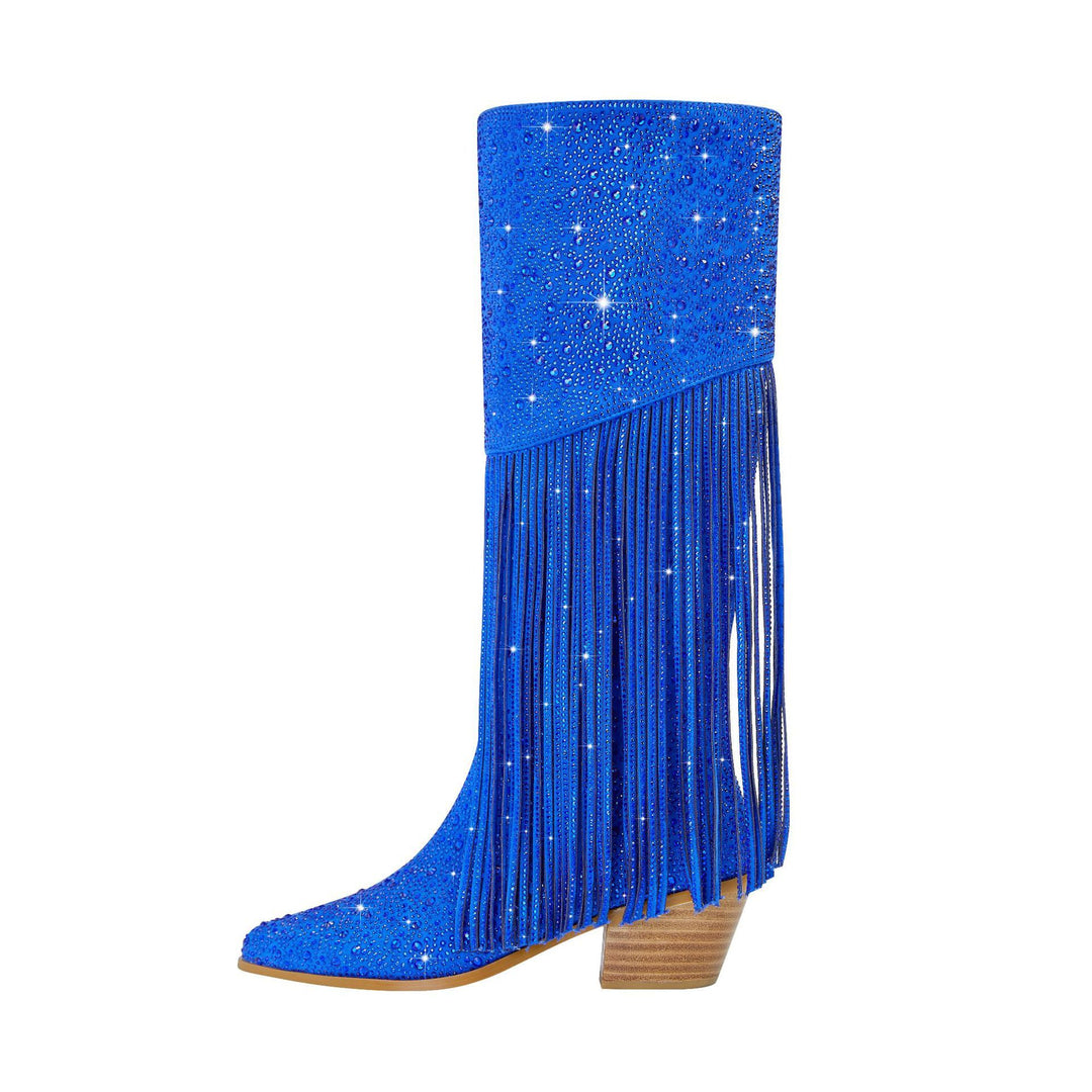 Damen Stiletto Fransen Strass Stiefel Drune