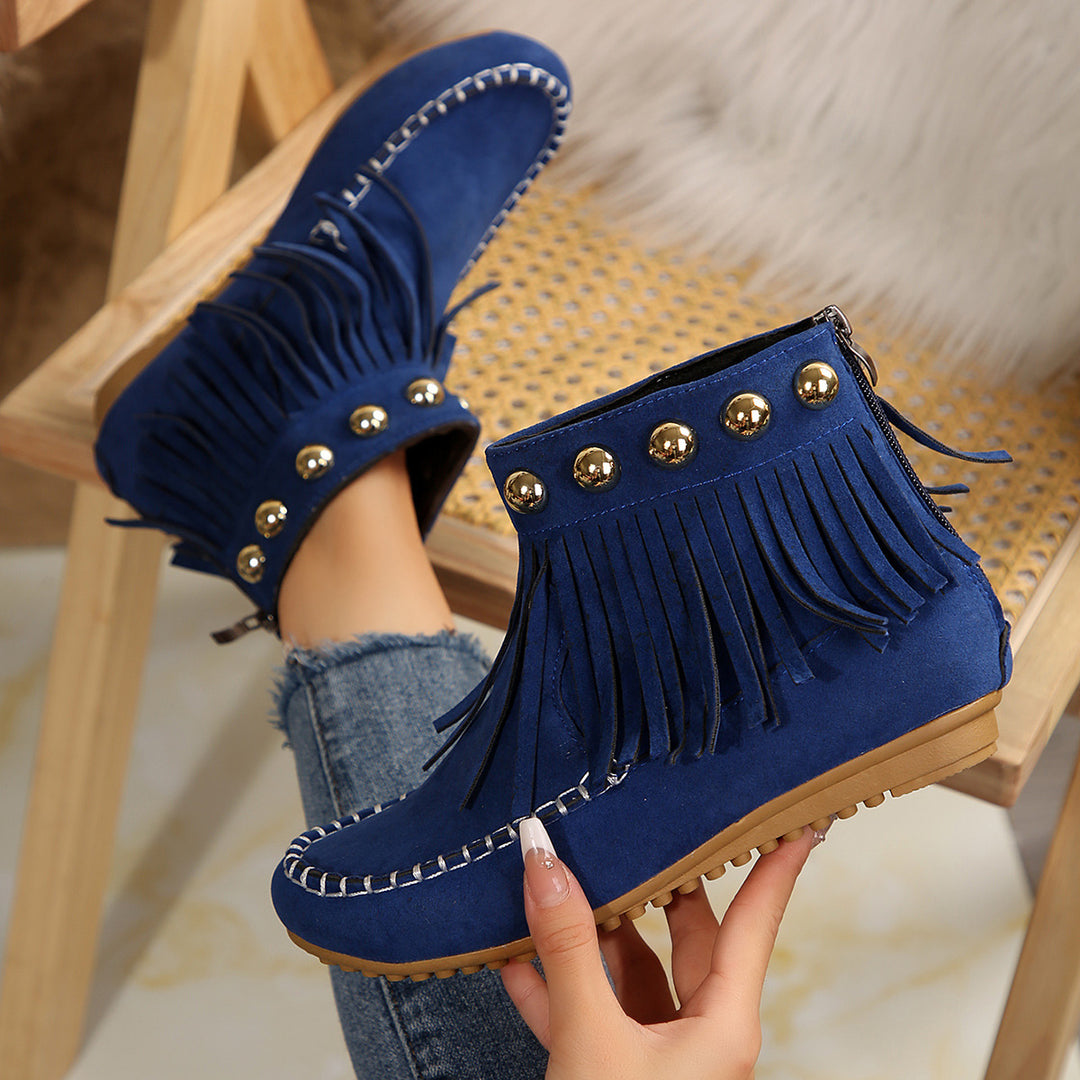 Damen Fransen-Mokassin-Stiefelette mit Ziernieten und Rückenreißverschluss Drune