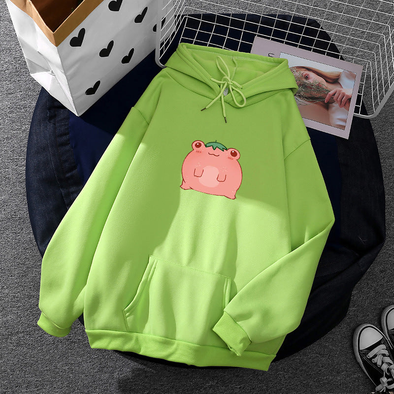 Damen nan oversized Kapuzenpullover aus Microfleece mit Cartoonfrosch-Motiv und Kängurutasche Drune
