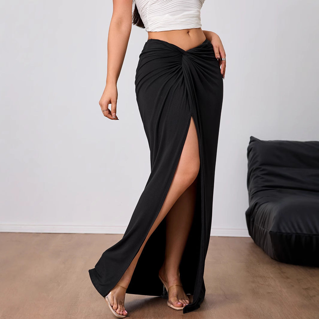 Damen Maxirock mit Twist-Knoten und Seitenschlitz hoher Bund elastischer Jersey Drune