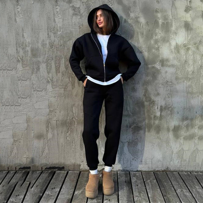 Damen Statement-Sweatset aus schwerem French-Terry mit oversized Zip-Hoodie, vorgeformten Kniepartien und elastischer High-Waist-Jogginghose Drune