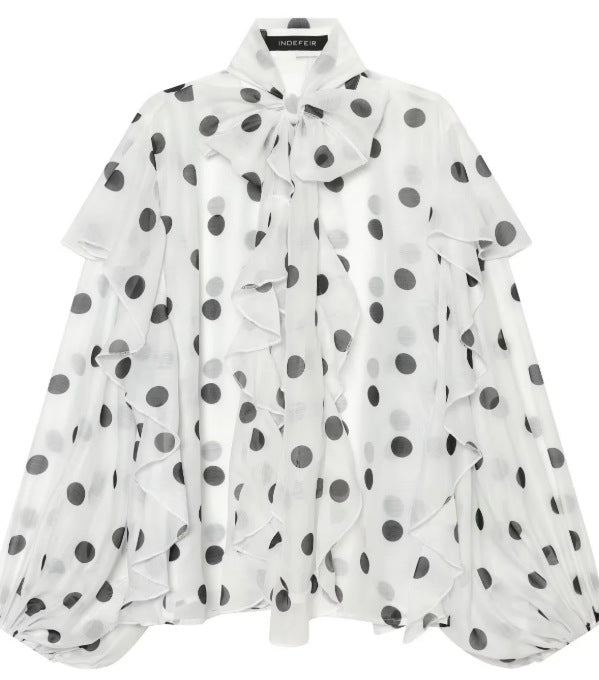 Damen Chiffonbluse mit Volant‑Rüschen, Schleifenkragen und Ballonärmeln Drune