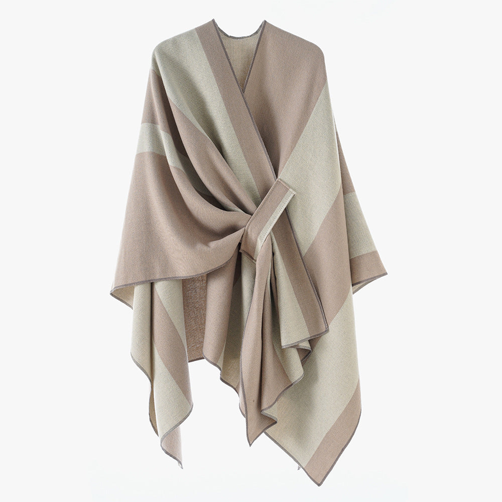 Damen Oversize-Cape mit Blockstreifen und Bindegürtel Drune