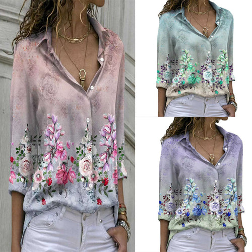 Damen nan florale V-Ausschnitt Knopfbluse mit lockerer Passform und Umschlagärmeln Drune