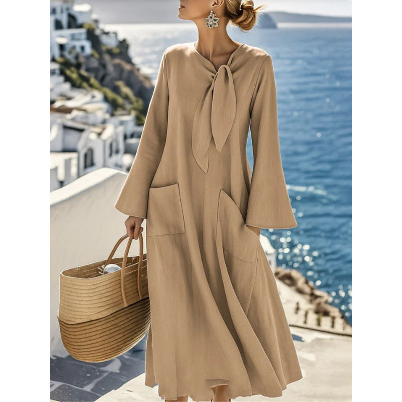 Damen Leichtes Maxikleid mit Bindeschleife, Glockenärmeln und aufgesetzten Taschen Drune