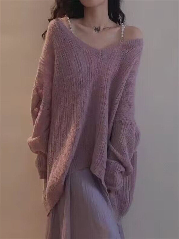 Damen Grobstrickpullover mit lässigem V-Ausschnitt und modischer Struktur Drune