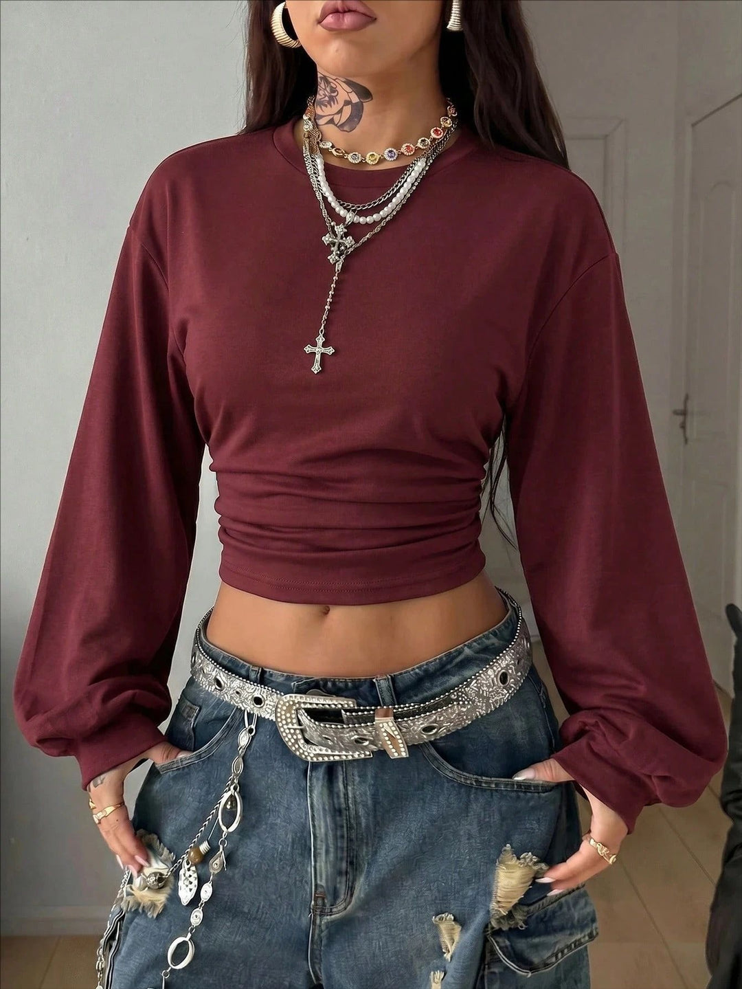 Damen Cropped Sweatshirt mit Taillenraffung und weiten Raglanärmeln Drune