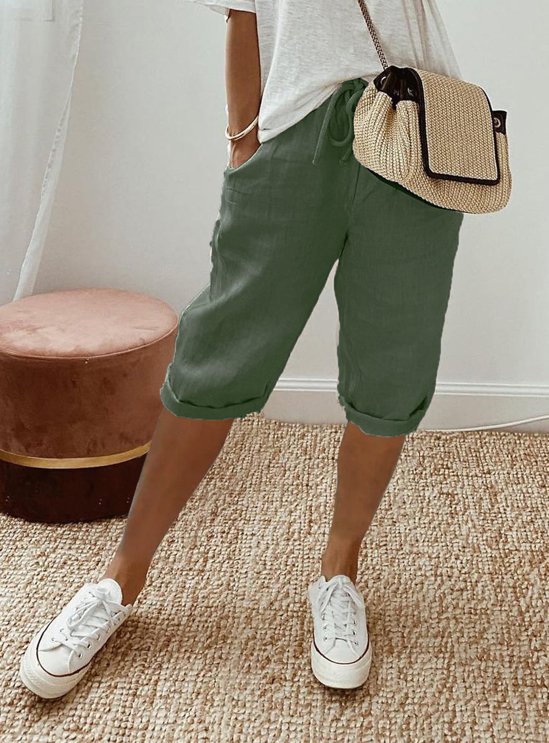 Damen lässige Cropped-Hosen mit Gummi Bund und Taschen Drune