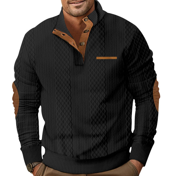 Herren Strukturiertes Kabelstrick-Sweatshirt mit Halbknopfblende, Kunstleder‑Patchtasche & Ellbogenpatches Drune
