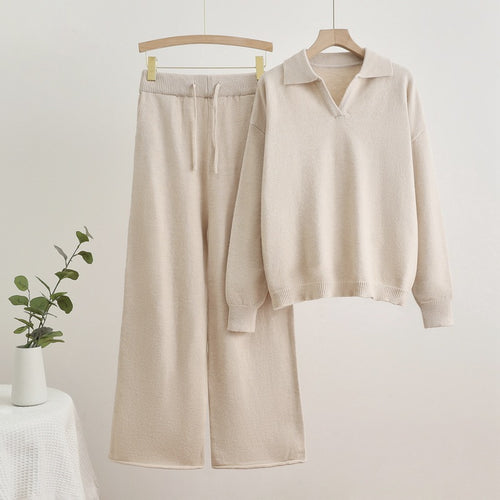 Damen gemütliches Strick-Loungewear-Set mit weit geschnittenem Pullover und Hose Drune