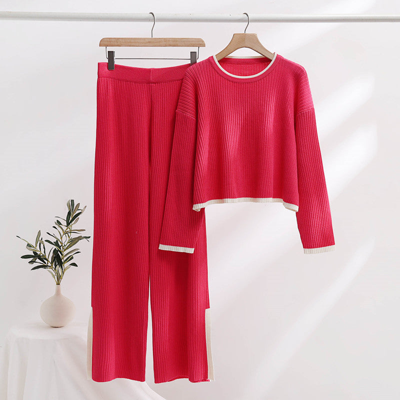 Damen lässiges Strickensemble mit hohem Bund und kontrastierenden Bündchen Drune