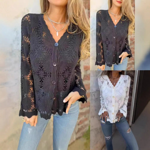 Damen Häkel-Cardigan mit floralem Design und Knopfverschluss Drune