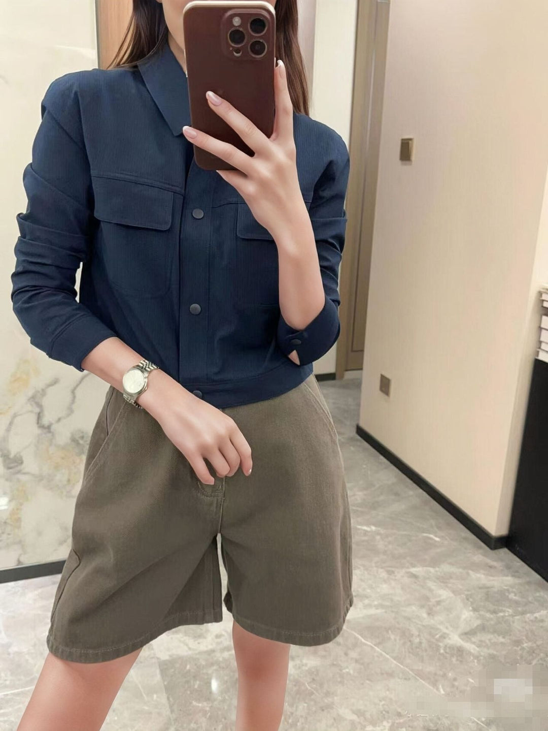 Damen Kurze Overshirt-Jacke aus strukturiertem Canvas mit Brusttaschen Drune