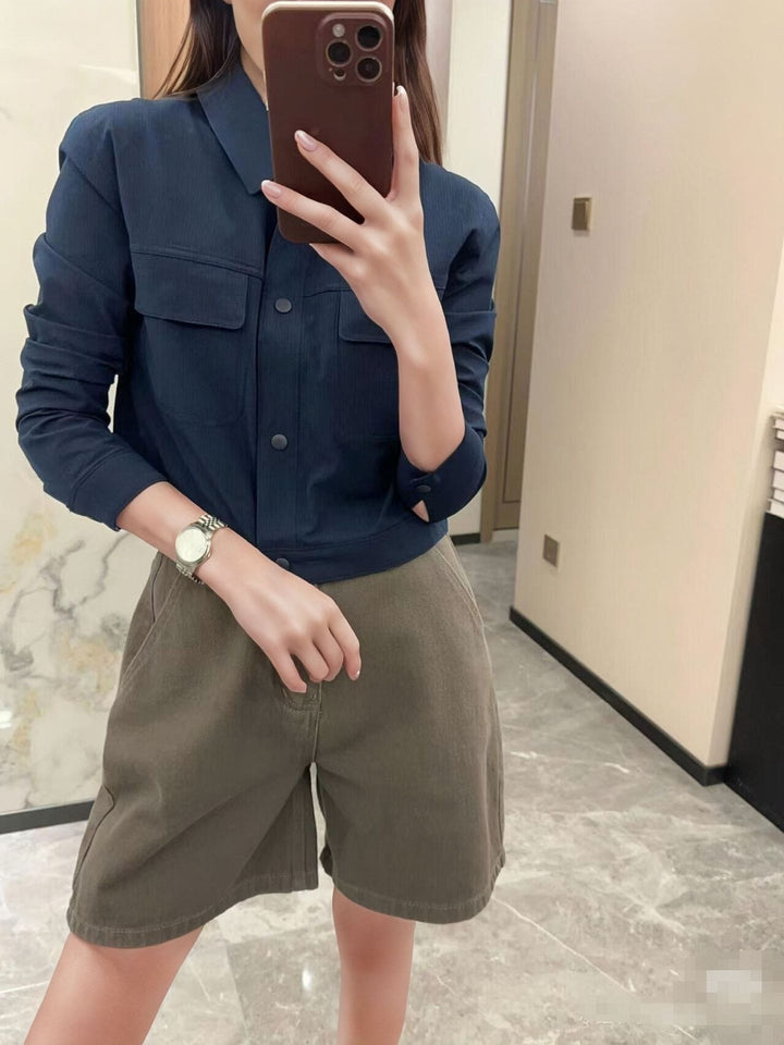Damen Kurze Overshirt-Jacke aus strukturiertem Canvas mit Brusttaschen Drune