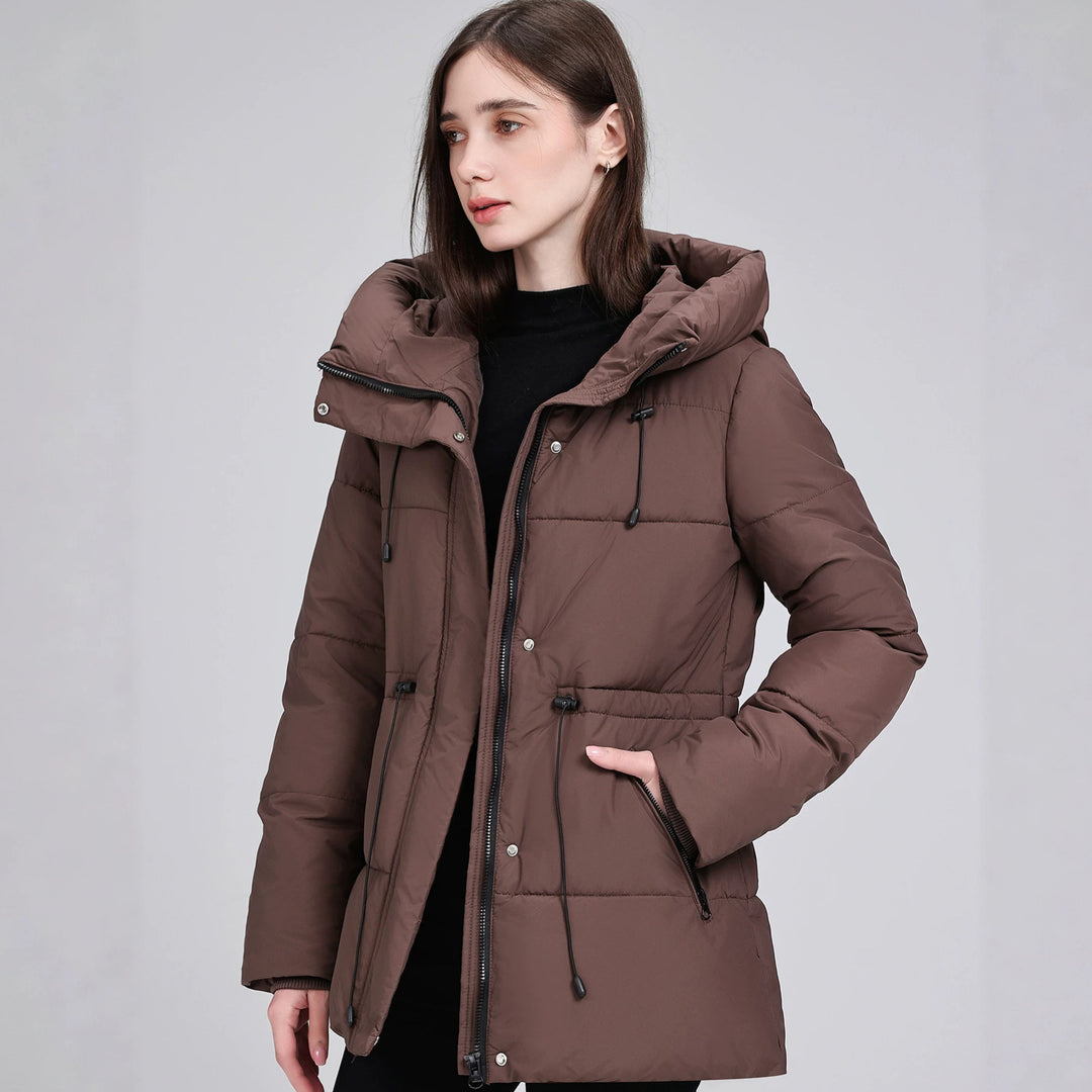 Damen Wattierter Mid‑Length Parka mit Kapuze, Taillenzug und Reißverschlusstaschen Drune