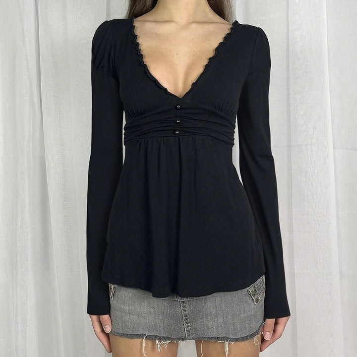 Damen Langarm-Wickelshirt im Empire-Stil mit geraffter Unterbrust und Rüschenkragen Drune