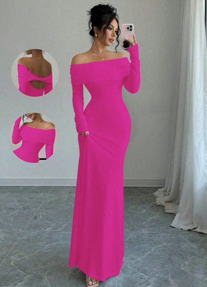 Damen elegantes Schulterfreies Langarm-Maxi-Kleid mit raffinierten Rückendetails Drune