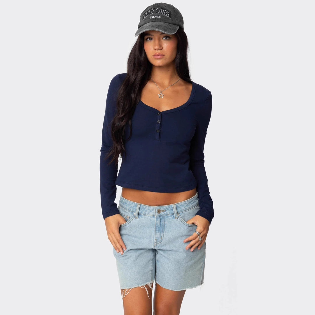 Damen Cropped Langarmhemd mit Knopfleiste und weichem Stoff Drune