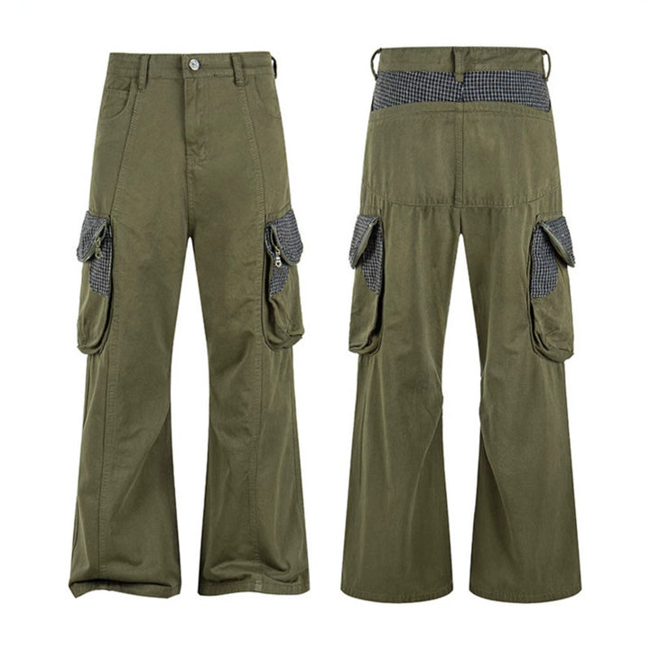 Damen Cargo-Hose mit weitem Bein, Utility-Taschen und Karomuster-Details Drune