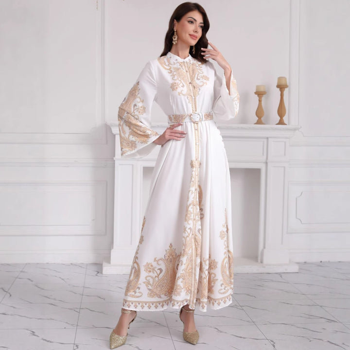 Damen Besticktes Maxikleid mit Stehkragen, Taillengürtel und Orientalischem Paisley-Motiv Drune