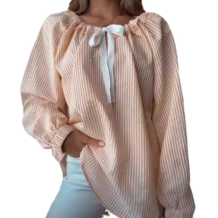 Damen Bluse mit elastischem Ausschnitt und Schleifenbindung Drune