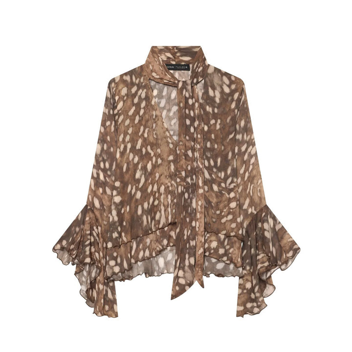 Damen Chiffon-Bluse mit Schluppe, V‑Ausschnitt und mehrlagigem Volantsaum Drune