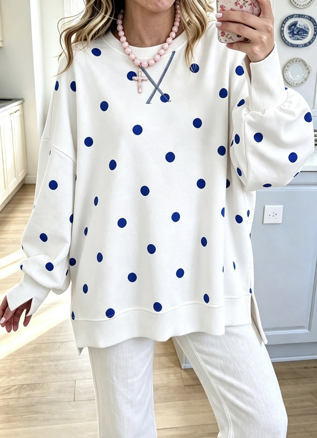 Damen Oversize-Sweatshirt mit Puffärmeln, Polka-Dots und Seitenschlitzen Drune