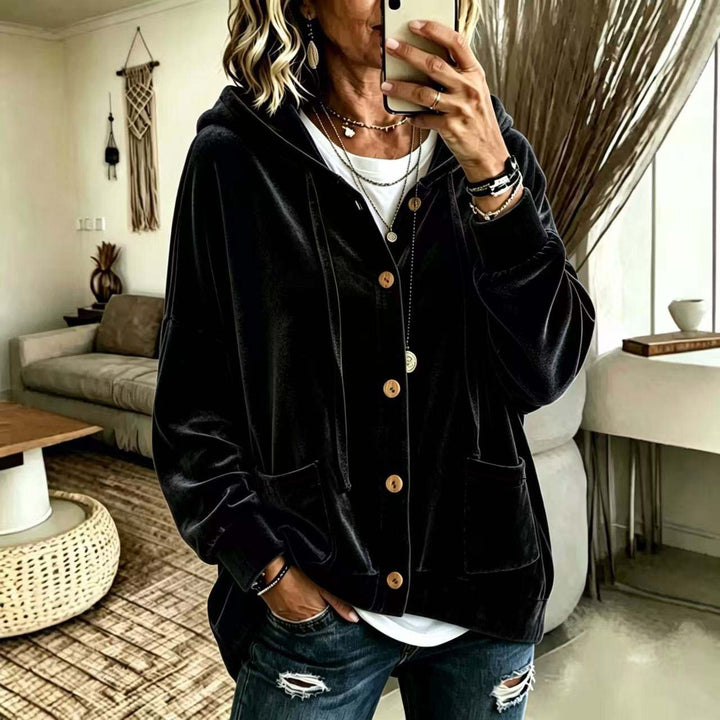 Damen Oversize Kapuzen-Samtjacke mit Knopfleiste und aufgesetzten Taschen Drune