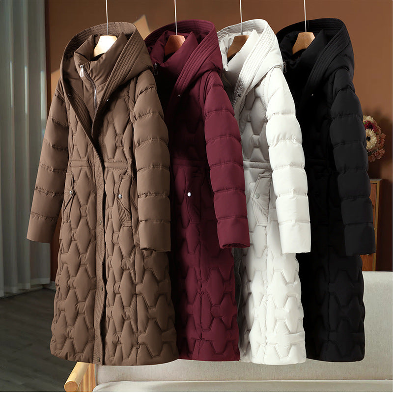 Damen nan langer gesteppter Wintermantel mit Kapuze und taillierter Silhouette Drune