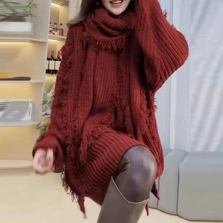 Damen Oversized Strickpullover mit Fransen und V-Ausschnitt Drune