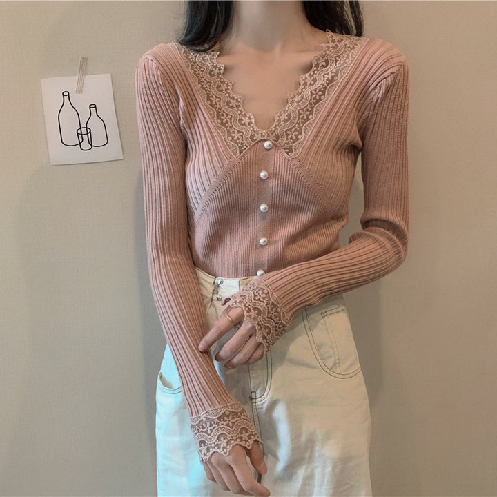 Damen Langärmliger Pullover mit Spitzendetails Drune
