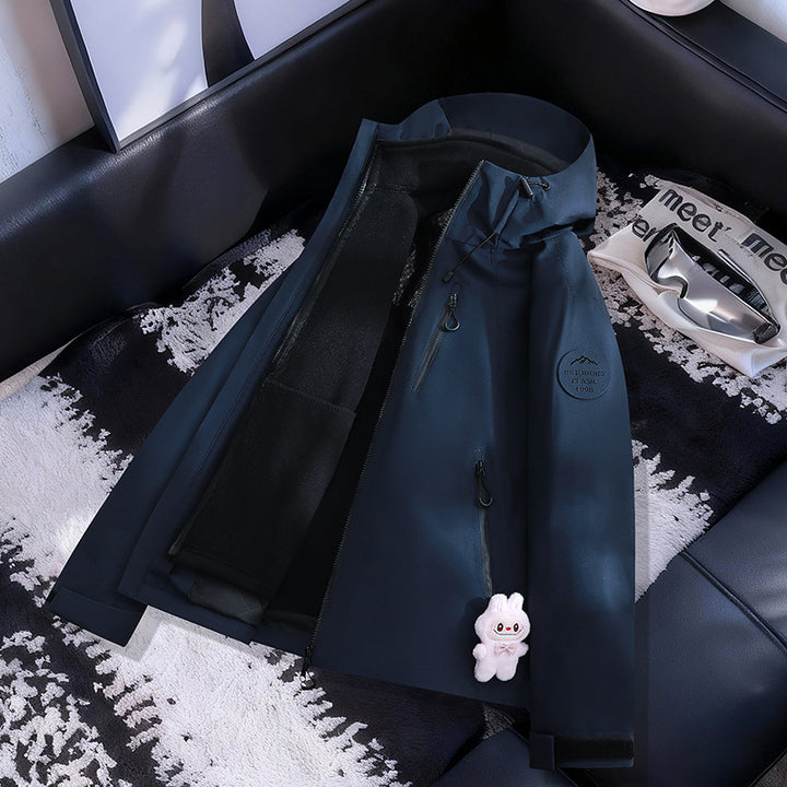 Damen Leichte wasserdichte Kapuzenjacke mit Teddy‑Charm und verdeckten Reißverschlusstaschen Drune