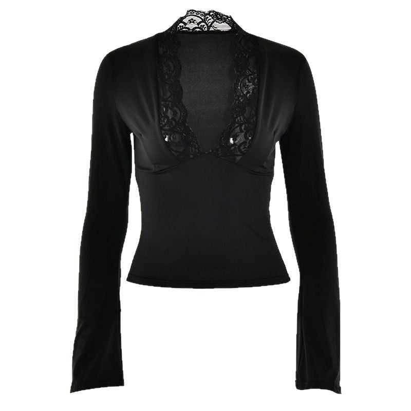 Damen Elegantes Langarm-Top mit Spitzenkragen Drune