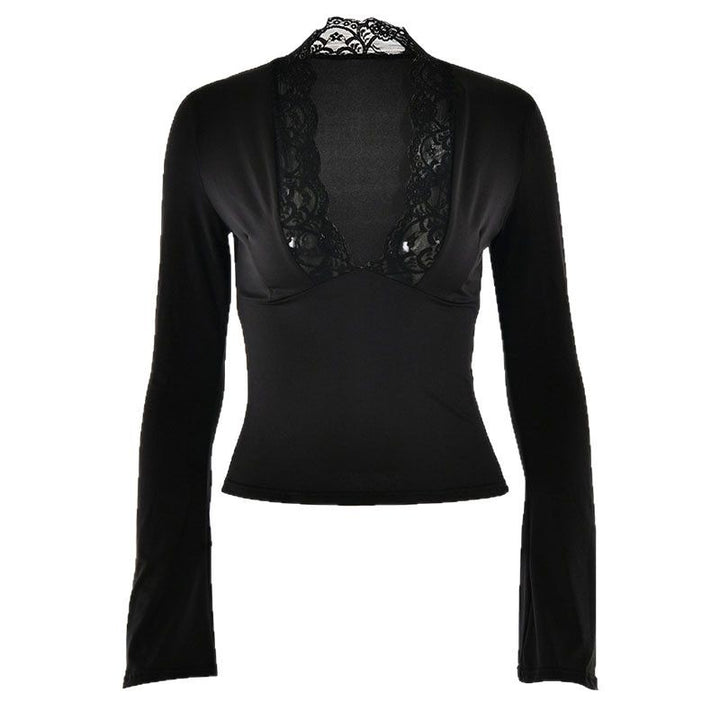 Damen Elegantes Langarm-Top mit Spitzenkragen Drune