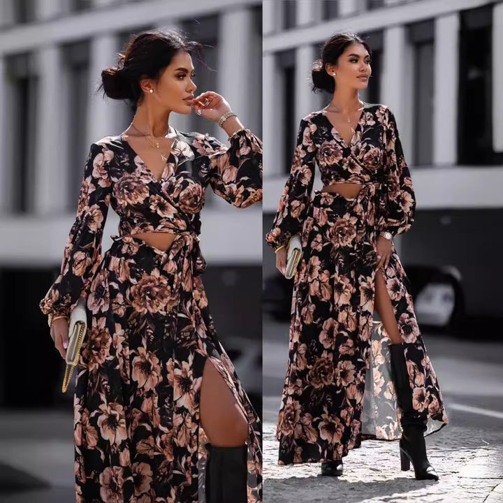 Damen Maxikleid im Leopardenmuster mit Wickeldesign und voluminösen Ärmeln Drune