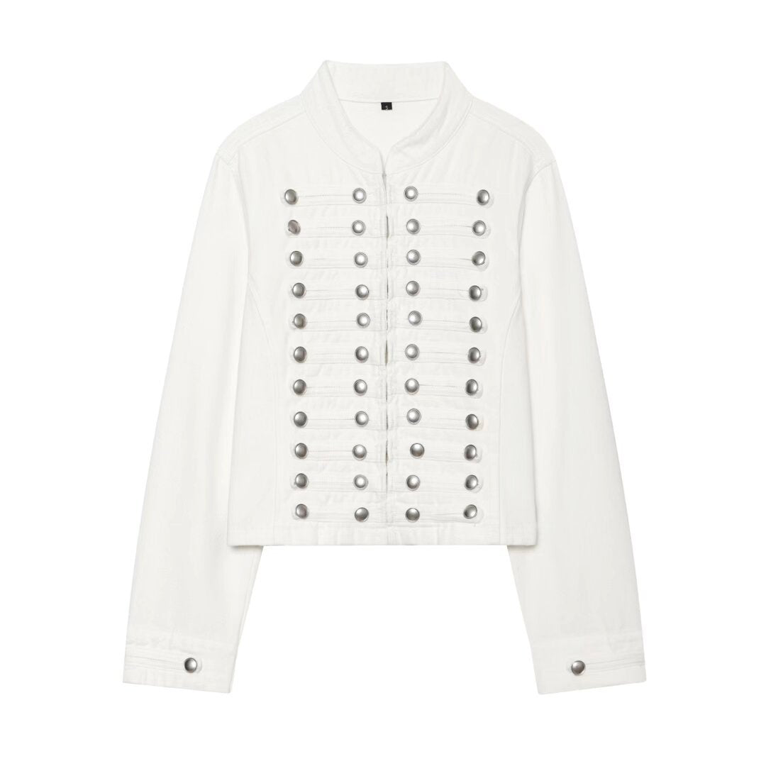 Damen Cropped Denim‑Blouson im Frackstil mit dekorativen Reihenknöpfen Drune