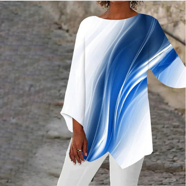 Damen asymmetrisches Langarmshirt mit Grafikdruck und Fledermausärmeln Drune