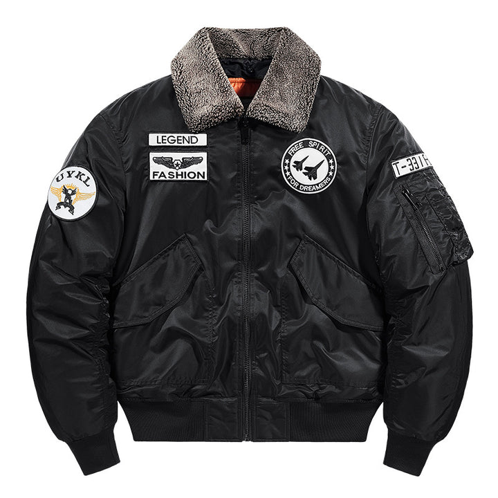 Herren -isolierte Pilot-Aviator-Bomberjacke mit Kunstschaffellkragen, Patches, Applikationen und einer Utility-Tasche am Ärmel Drune