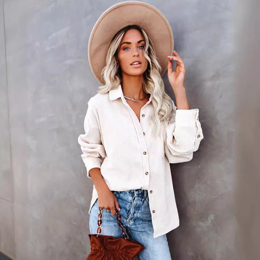 Damen Oversize Cordhemdjacke mit Brusttasche und durchgehender Knopfleiste Drune