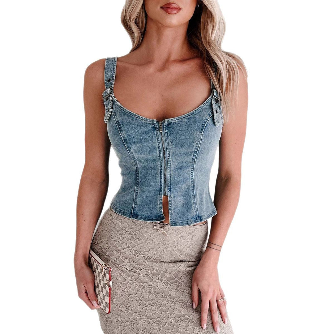 Damen Denim-Corsage mit Reißverschluss und verstellbaren Trägern Drune